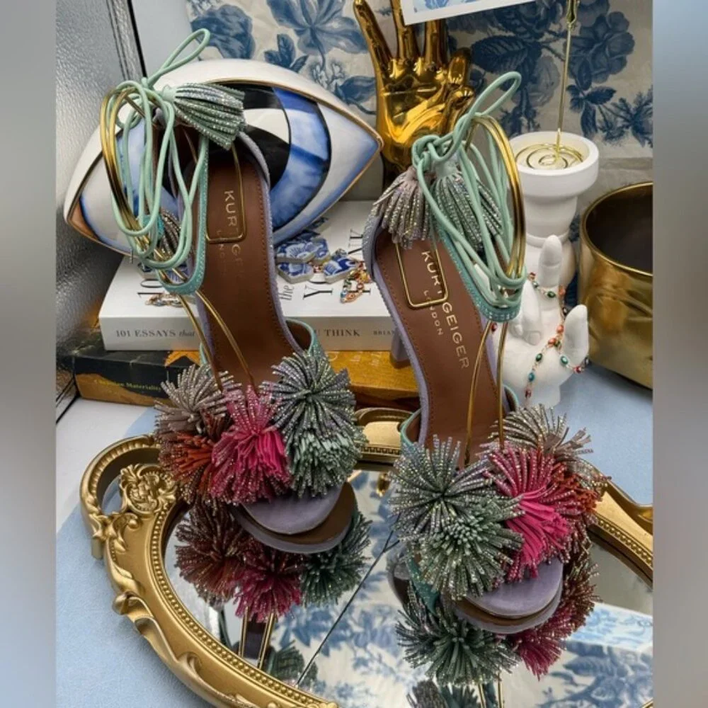 🆕 KURT GEIGER LONDON 🧿 NWOB Lilac & Teal Pom Pom Tie Ankle Heel, Sz 36 US 6 - Picture 14 of 15